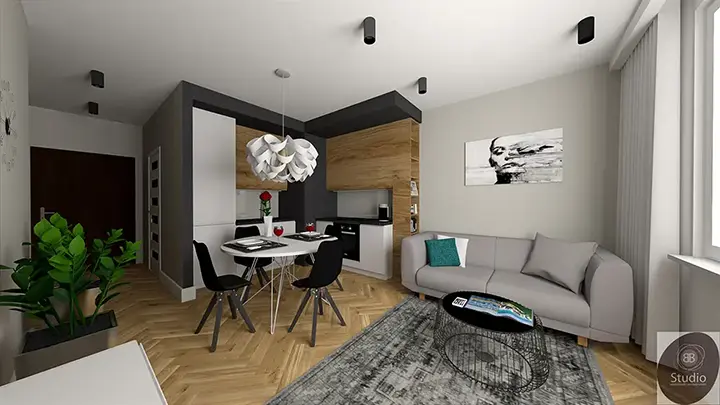 Salon z kuchnią w stylu nowoczesnym z czarnymi i drewnianymi elementami