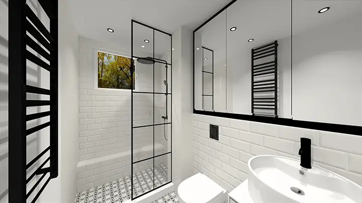 Nowoczesna łazienka w bieli i czerni z przeszkloną kabiną prysznicową