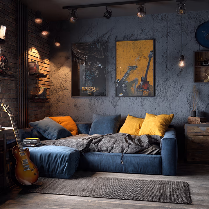 Projekt wnętrza salonu: sofa, gitara, styl loftowy, cegła.