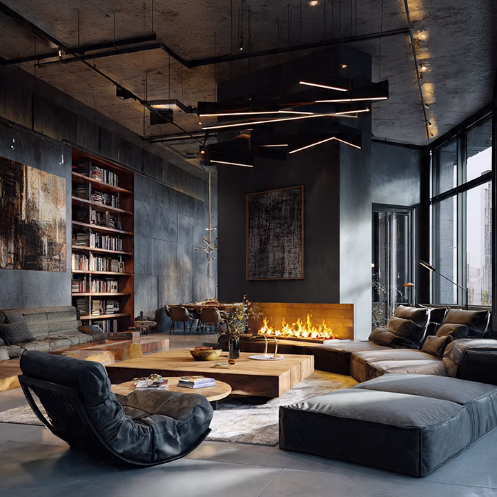 Nowoczesny salon z kominkiem, industrialne wnętrze, biblioteka, projektowanie wnętrz.