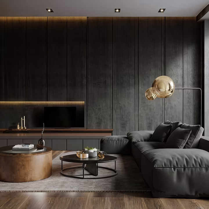 Ciemny salon w nowoczesnej aranżacji – eleganckie wnętrze z głęboką kolorystyką i designerskim oświetleniem