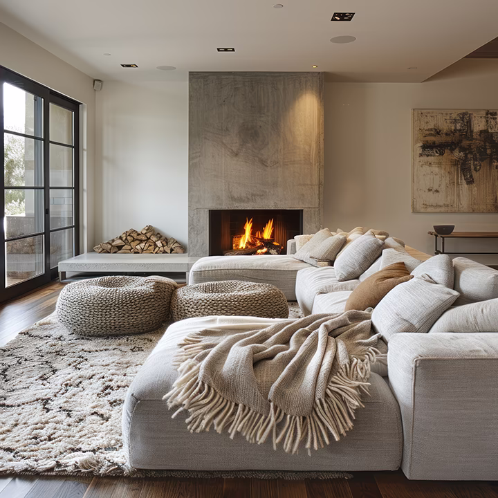 Jasny nowoczesny salon z kominkiem, dużą beżową sofą narożną, naturalnymi tkaninami i minimalistycznym wystrojem wnętrza