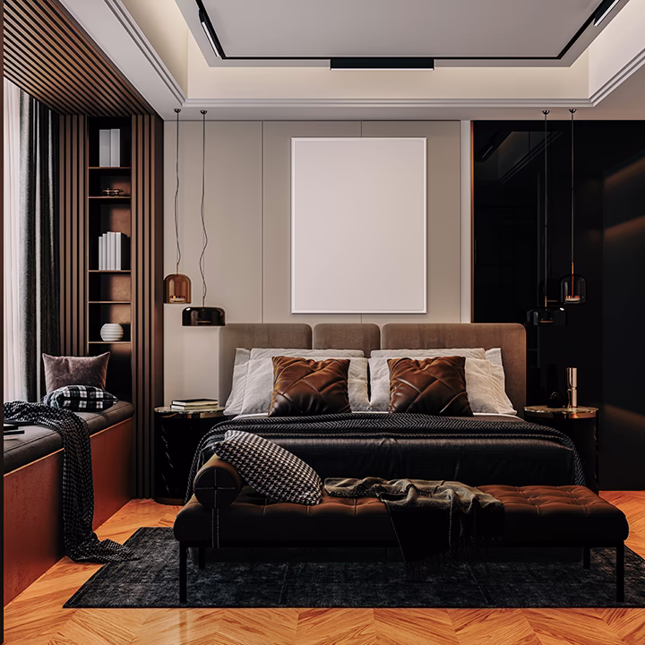 Czarna sypialnia w nowoczesnym stylu – elegancka aranżacja wnętrza z ciemnymi ścianami, designerskim łóżkiem i nastrojowym oświetleniem