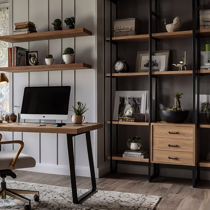 Nowoczesne biurko z komputerem i regał z dekoracjami.