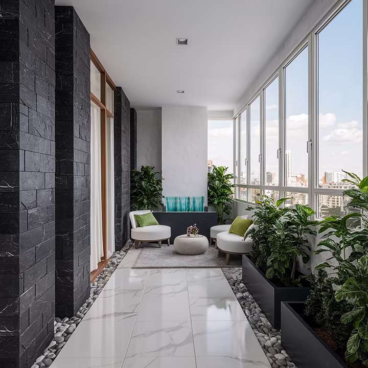 Nowoczesna loggia z roślinami, marmurową podłogą i widokiem na miasto.