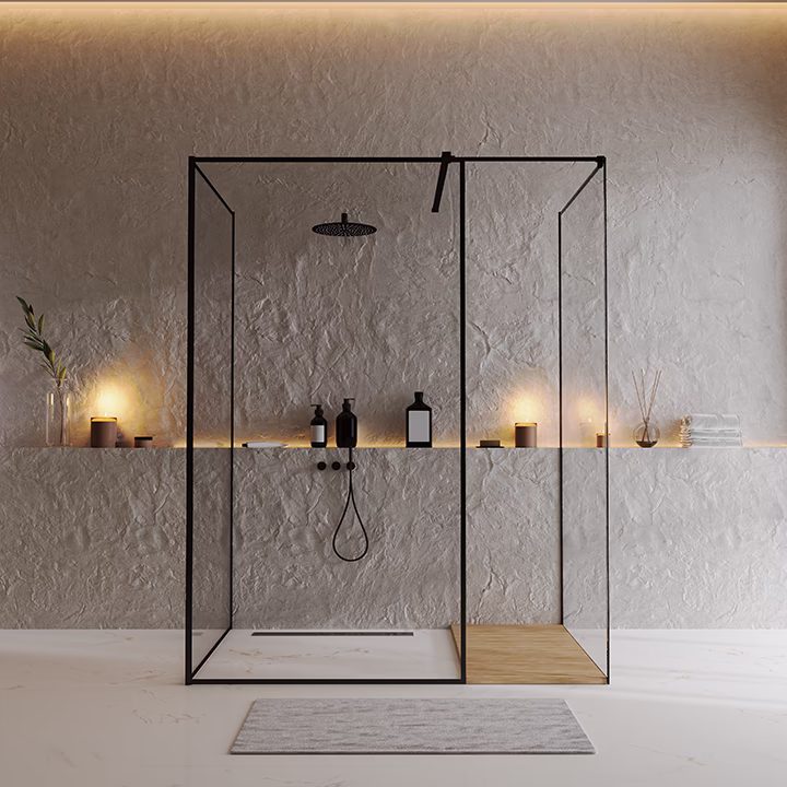 Nowoczesna łazienka z prysznicem walk-in, ścianą z mikrobetonu i podświetlaną półką.