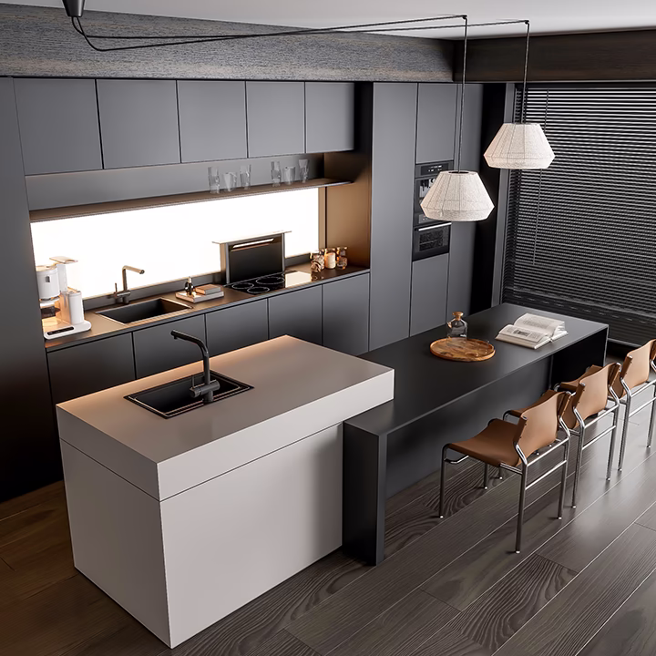 Nowoczesna szara kuchnia z wyspą i drewnianą podłogą.