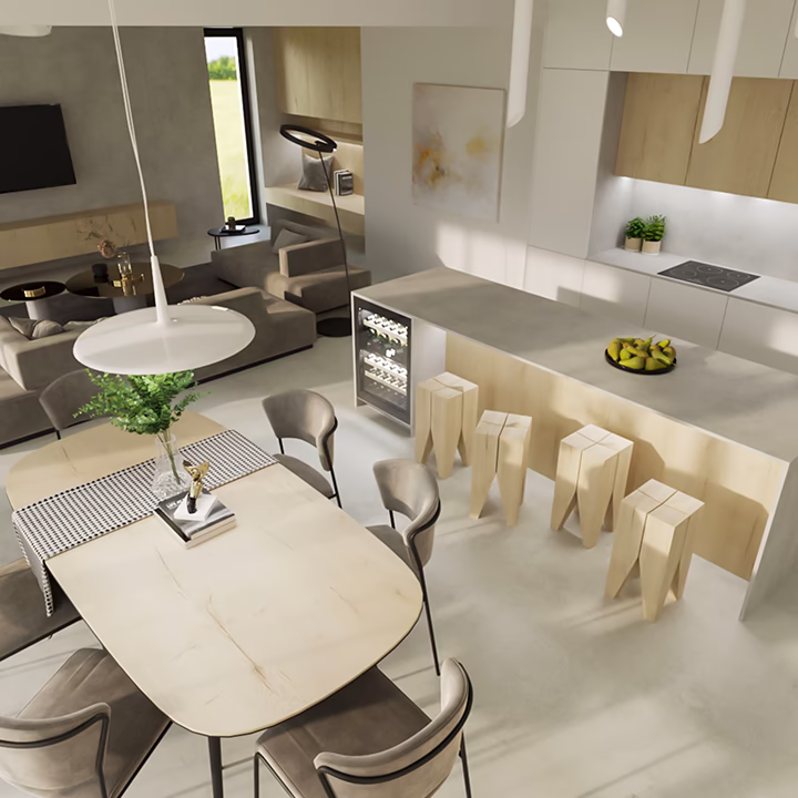 Nowoczesny salon z kuchnią, projekt wnętrz, aranżacje Warszawa