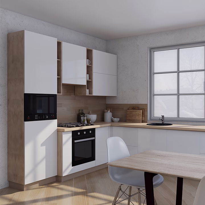Nowoczesna kuchnia z drewnianymi akcentami i białymi szafkami.
