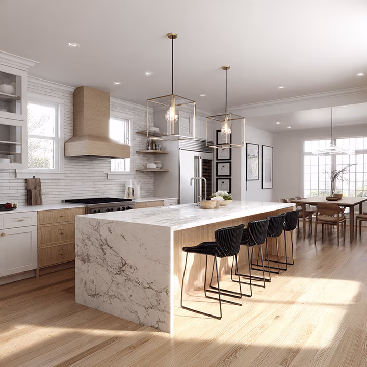 Nowoczesna kuchnia z marmurową wyspą i drewnianymi elementami, otwarta na jadalnię.