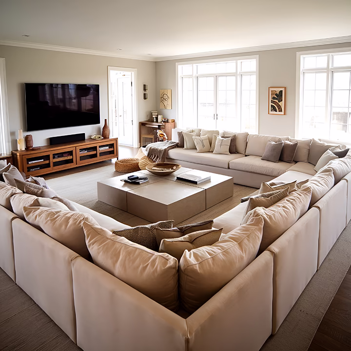 Nowoczesny projekt salonu z dużą beżową kanapą w kształcie litery U