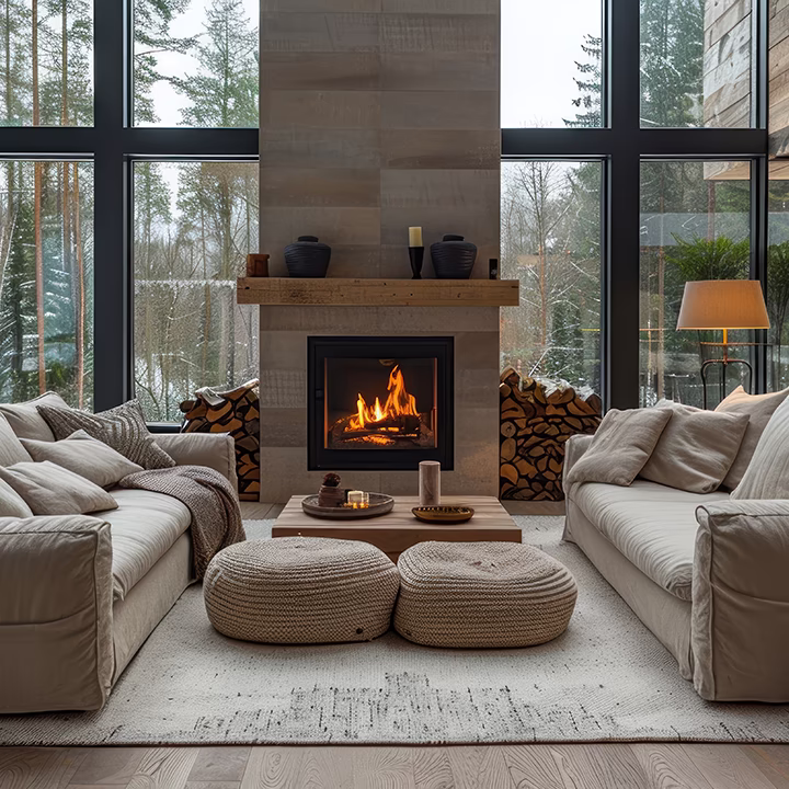 Nowoczesny projekt salonu z kominkiem i widokiem na las
