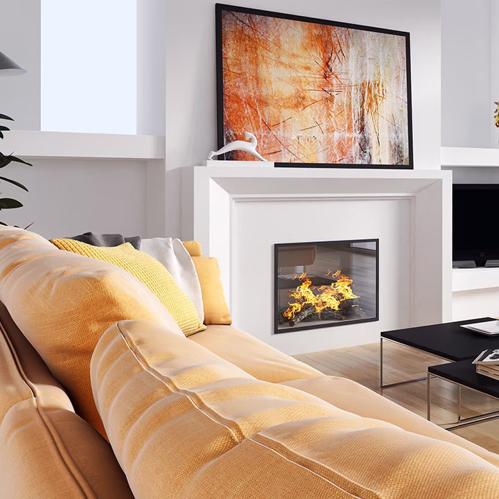 Nowoczesny salon, sofa, kominek, projektowanie wnętrz Warszawa.