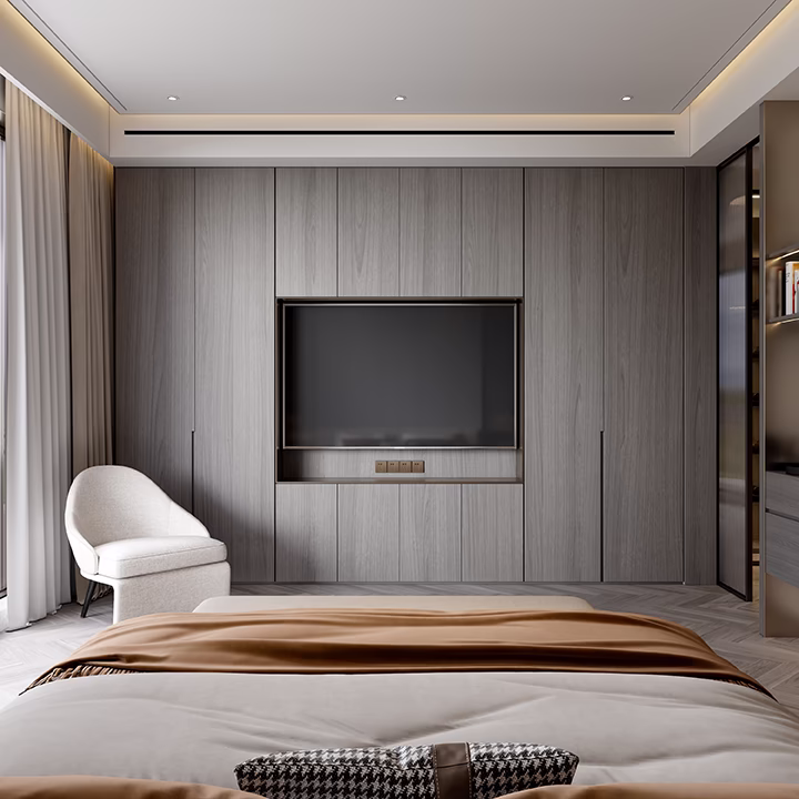 Nowoczesna sypialnia, zabudowa meblowa z TV, projektowanie wnętrz Warszawa.